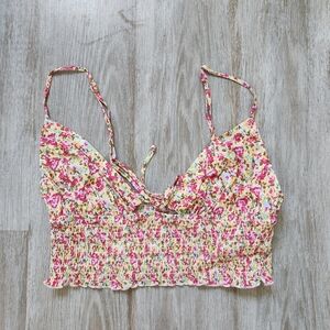 Garage Yellow Pink Floral Tie Front Crop Top Elastic Band V Neck Strappy Sz L